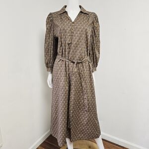 Jodifl Stamped Floral Printed Midi Dress Brown Belted Pockets Preppy Size L New
